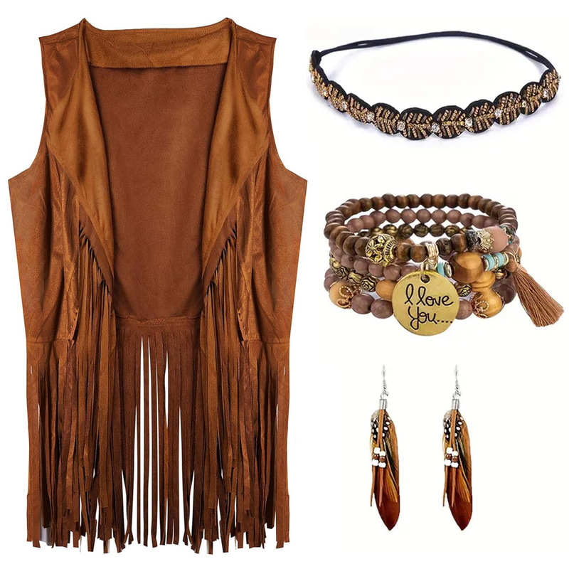 Women's Tassel Retro Western Cowboy Vest Sleeveless Cardigan Style Wool Sweater for Halloween and Christmas in European and American Style