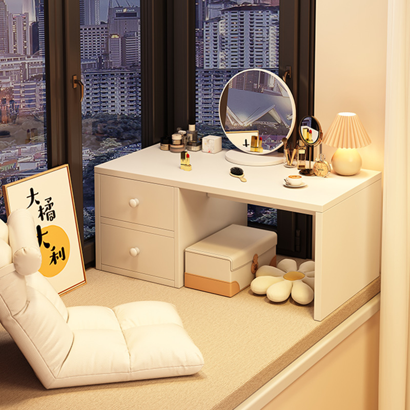 Bay window dressing table in cream style, modern minimalist bedroom vanity with makeup mirror, small apartment tatami dressing table Bay window dressing table in cream style, modern minimalist bedroom vanity with makeup mirror, small apartment tatami dressing table
