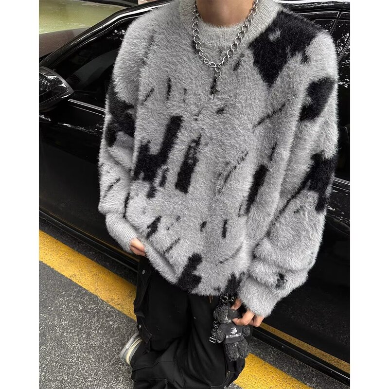 Imitation Mink Hair Lazy Autumn and Winter Sweater Men's Niche Design Sense Contrast Color All-match Casual Crewneck Pullover Sweater Trendy