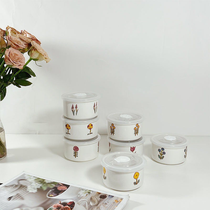 Spot Korean ins Style Flower Sealed Bowl Ceramic Supplementary Bowl Sealed Lid Sub-Bowl Fresh-keeping Bowl Fresh-keeping Tank