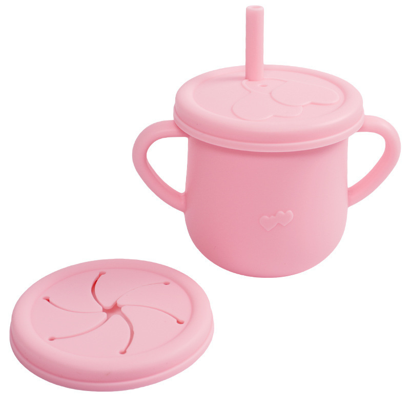 Vaso de aprendizaje para bebés con doble asa, vajilla para niños, vaso con pajita de silicona, vaso para refrigerios, vaso para agua con escala, vaso con doble tapa