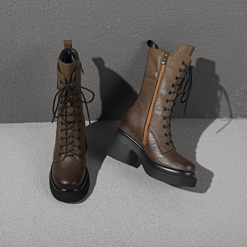 Boot nữ cổ thấp dây buộc mũi tròn đế dày gót 10 cm phong cách Anh quốc cổ điển — Nhung kaki đậm chi tiết 7