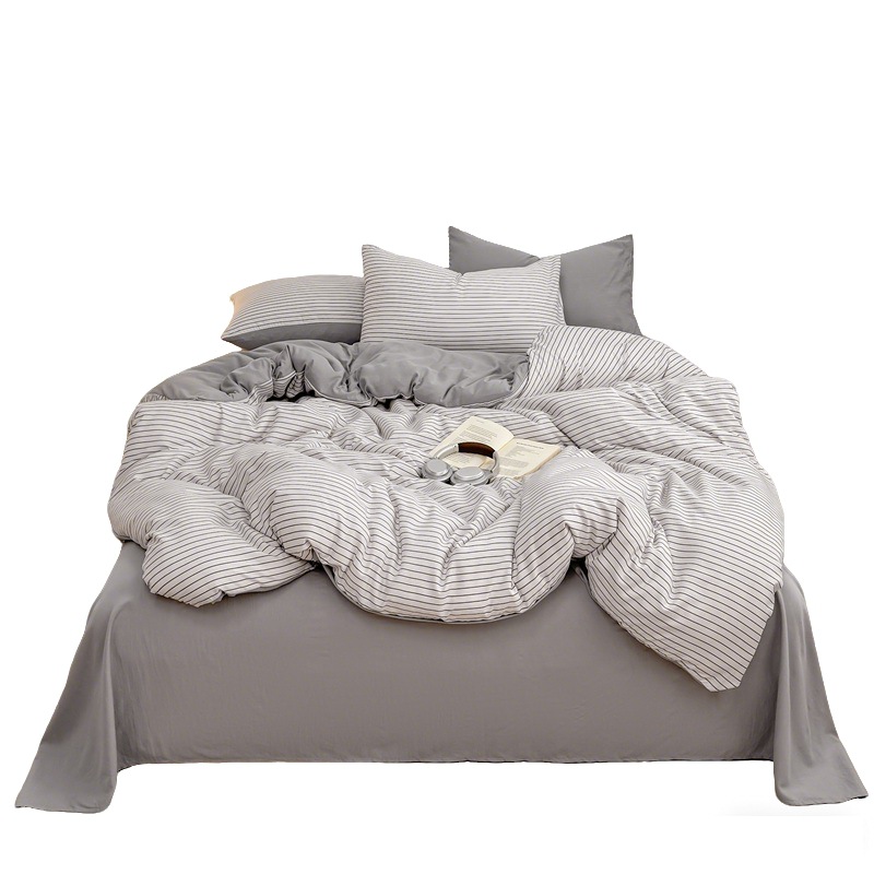 Minimalist Two-tone Washed Cotton Four-piece Bedding Set Home_voghion.com