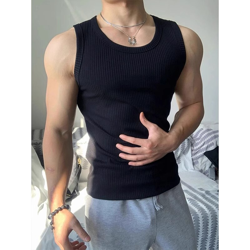 White Ribbed Formal Vest for Men, Summer Slim-Fit Muscle Sleeveless T-Shirt, American-Style Gym Sports Undershirt White Ribbed Formal Vest for Men, Summer Slim-Fit Muscle Sleeveless T-Shirt, American-Style Gym Sports Undershirt