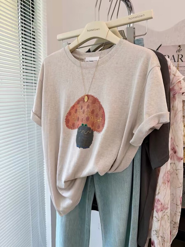 1170 # 【Snowflake Cotton】Extra Large Size 150kg Cute Mushroom Embroidery Short Sleeve T-Shirt for Women, Thin Loose Top for Summer
