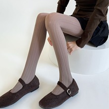 秋冬新款竖纹麦穗提花连袜格雷系显瘦百搭灰色打底袜复古美腿袜裤