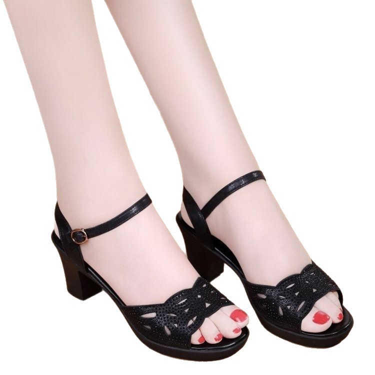 2025 nuevo estilo sandalias de tacón grueso mujer verano boca de pez zapatos de mujer tacones altos sexy mujer negro zapatos de madre niños tacón medio