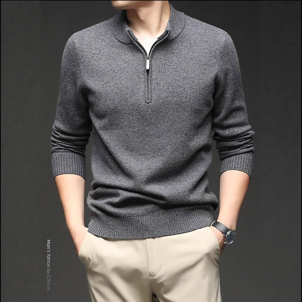 Nuevo delgado otoño y invierno semia cremallera suéter de manga larga casual overhead casual de color sólido overhead de lana camiseta de punto de hombre