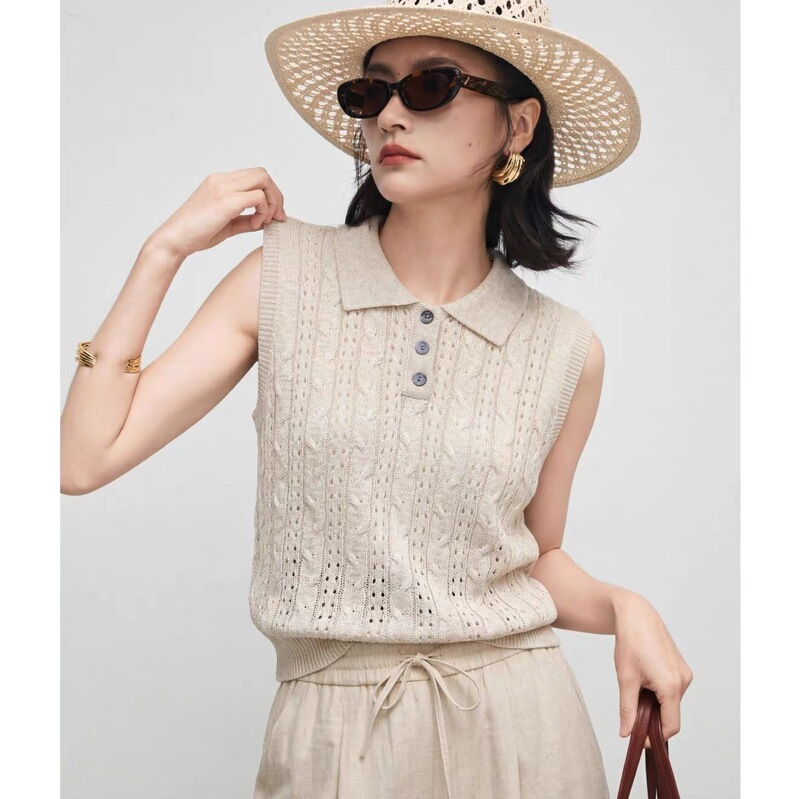 French-Style Old Money Retro Polo Collar Sleeveless Knit Vest Top for Women, Summer Hollow-Out Ice Silk Thin T-Shirt