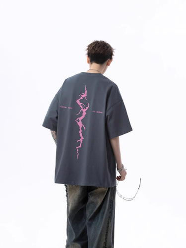 American Heavyweight Lightning Print Short-Sleeve T-Shirt for Men - 2025 Summer Trendy Brand Casual Loose Half-Sleeve T-Shirt