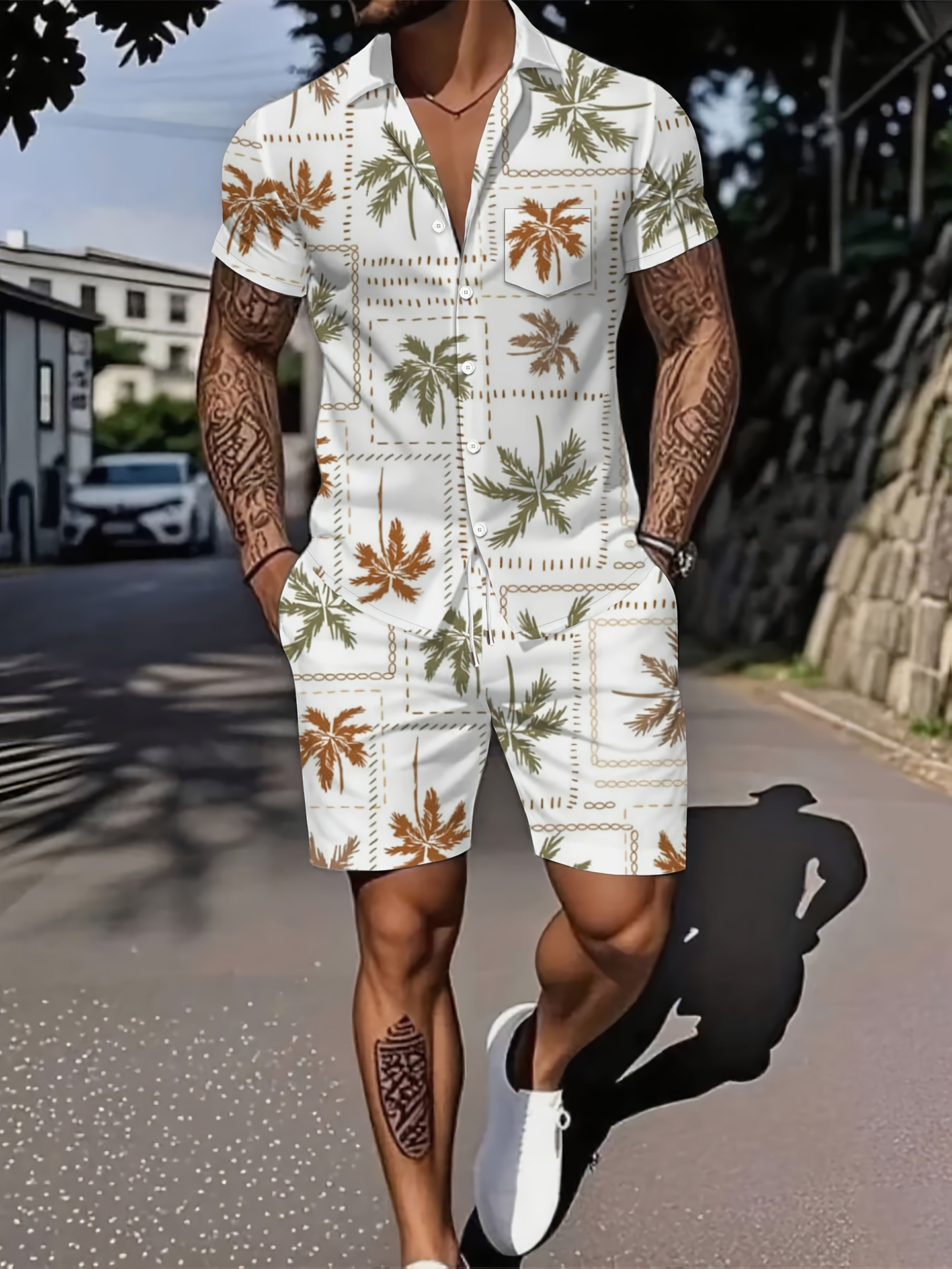 Ensemble deux pièces pour homme : chemise à manches courtes respirante et ample, imprimé lettres, style décontracté idéal pour l'été._voghion.com