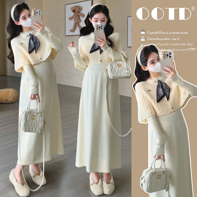 Maternity Dress Autumn and Winter 2025 New Korean Style Fashionable Elegant Slimming Look Cape Top Soft Waxy Bottoming Dress