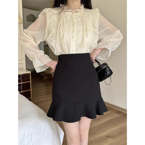 High-Waisted Ruffled Skirt 2025 Spring/Summer Short Skirt, Summer Slimming Fishtail Design, Black Fishtail Dress for Women