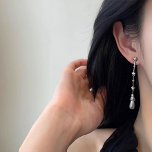 法式复古水滴珍珠耳坠长款高级感满钻四叶草锆石轻奢名媛耳环耳饰