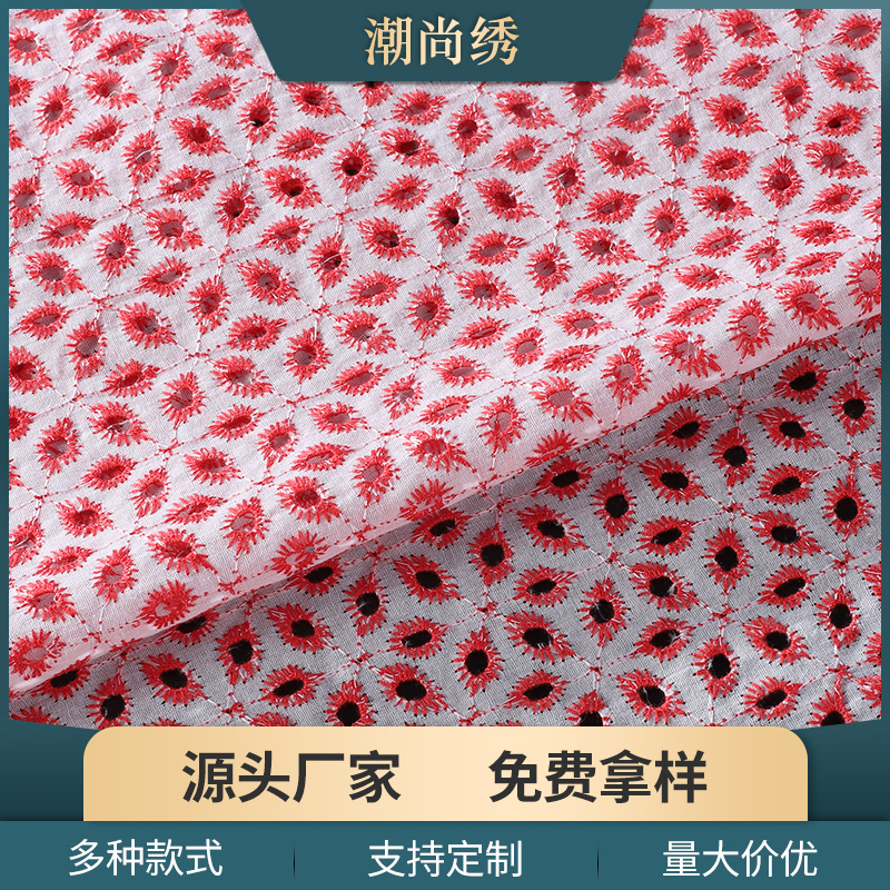 9088棉质白底红线镂空面料 汉服礼服布料批发 连衣裙花边辅料产品实拍图