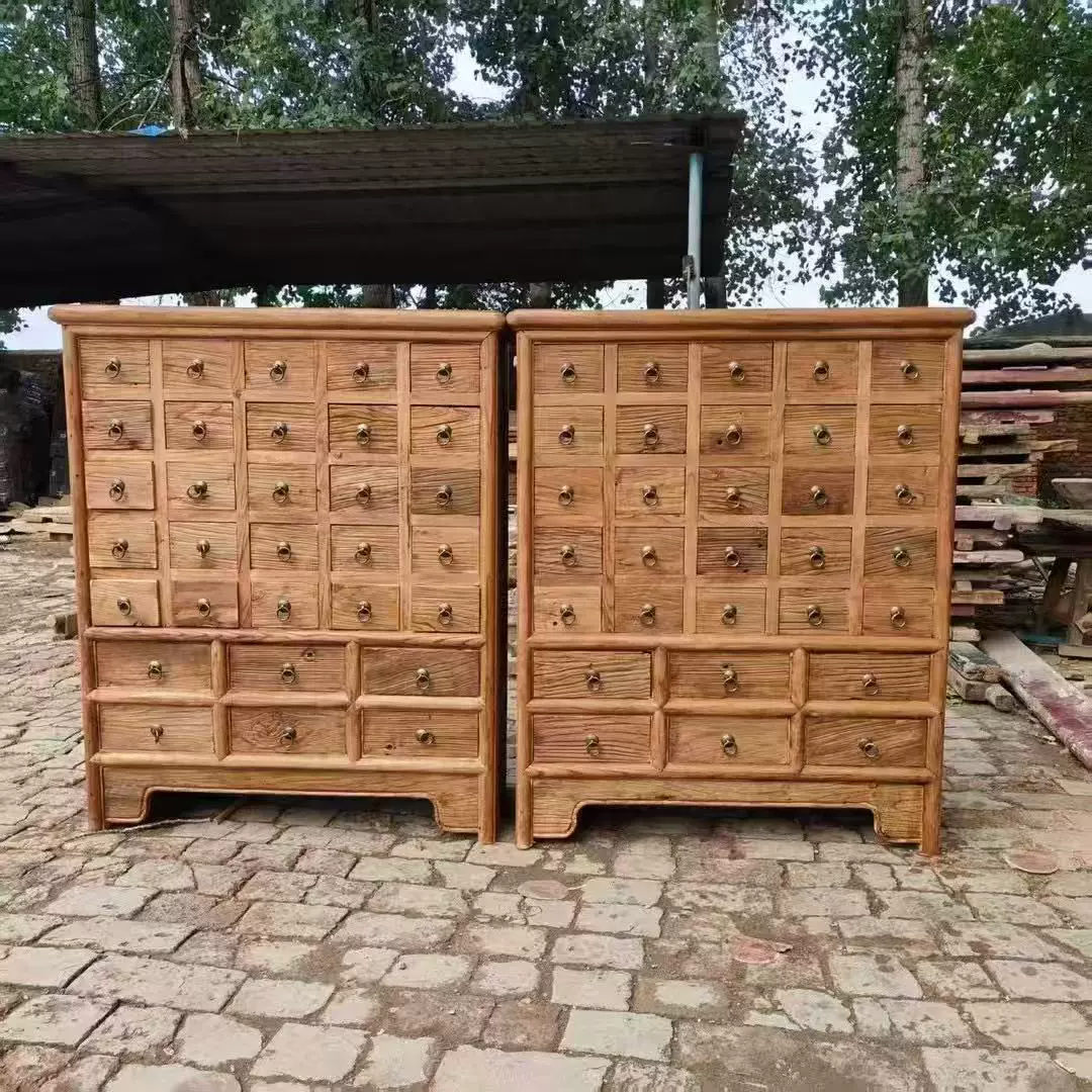 中式老榆木药柜多宝阁药材储物柜古典药材展示柜风化老门板柜子