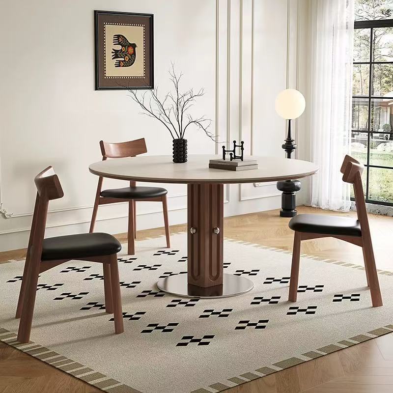 Mesa de tablero de roca de travertino de madera maciza retro francesa mesa de comedor de tablero de roca de lujo ligero para el hogar pequeño apartamento mesa de comedor de madera maciza redonda medieval