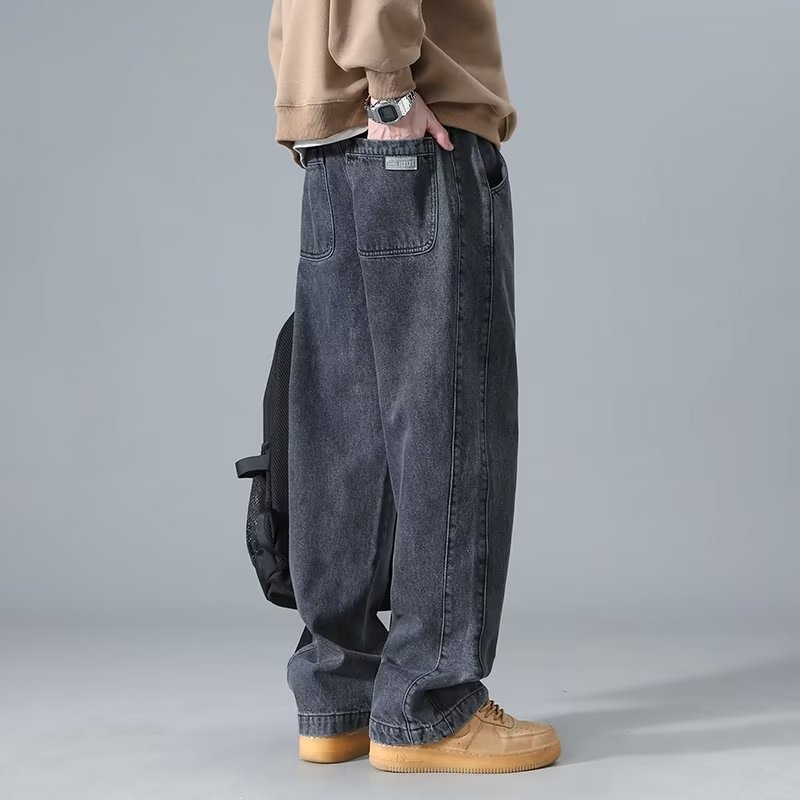 Jeans Men's Spring and Autumn New Arrival Hong Kong Style Trendy Ins Loose plus size Straight Leg Pants Student Fashion Labeling Wide Leg Pants