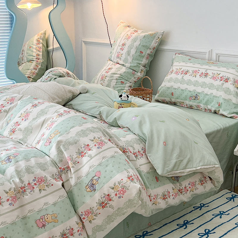 Algodón fresco 100 algodón de cuatro piezas edredón cubierta de ropa de cama dormitorio de estudiantes hoja de cama de tres piezas sábana ajustable