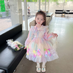 Lolita Princess Dress for Girls, Autumn Outfit 2024 New Style, Trendy Children's Pom Pom Rainbow Net Dress