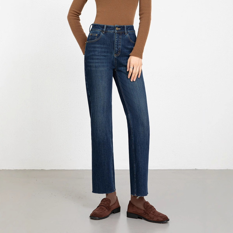 Flower Thousand Petals 2025 Winter Brushed Four-Way Stretch Denim Straight-Leg Frayed Hem Pants Women's High-Waisted Thickened Nine-Point Pants 8136H