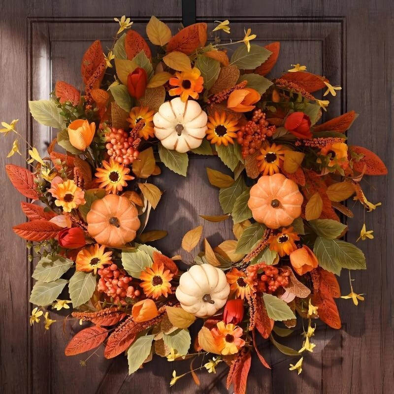 Cross-border Autumn Thanksgiving Harvest Festival Wreath with Artificial Pumpkins, Maple Leaves, Sunflowers, and Berries for Door and Wall Decoration
