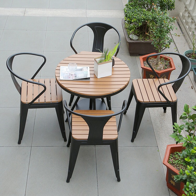 Balcony Leisure Small Tea Table Courtyard Plastic Wood Round Table Outdoor Waterproof Sun Protection Dining Table and Chairs Villa Courtyard One Table and Four Chairs