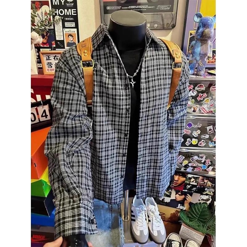 American Retro Black and White Plaid Shirt Men's Trendy Brand Fashion Long-Sleeve Shirt High-End Stylish Spring Jacket
