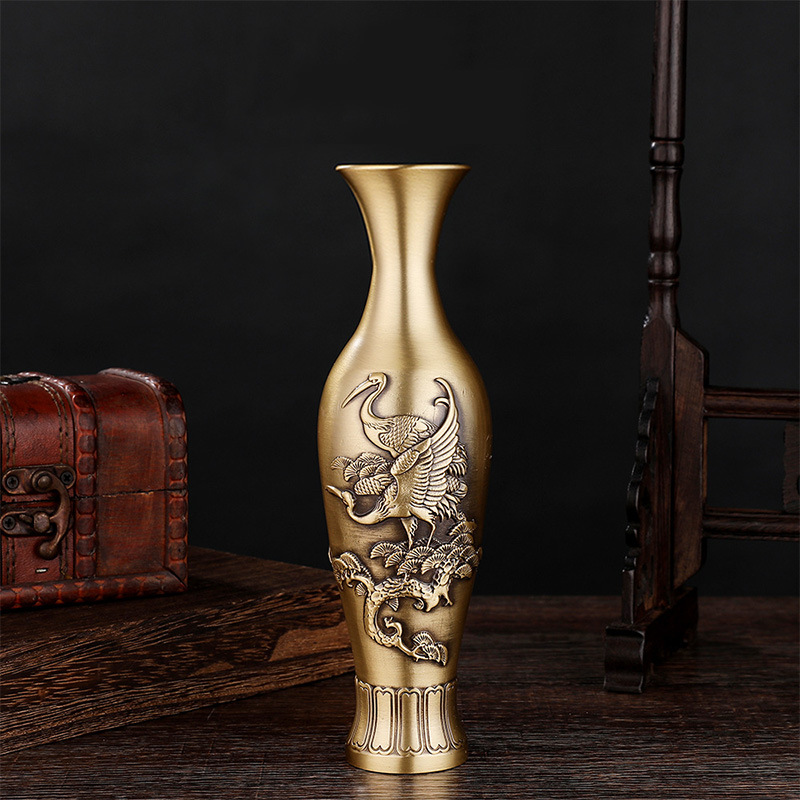 新款复古黄铜仙鹤花瓶摆件家居插花花瓶创意摆饰铜花瓶厂家批发