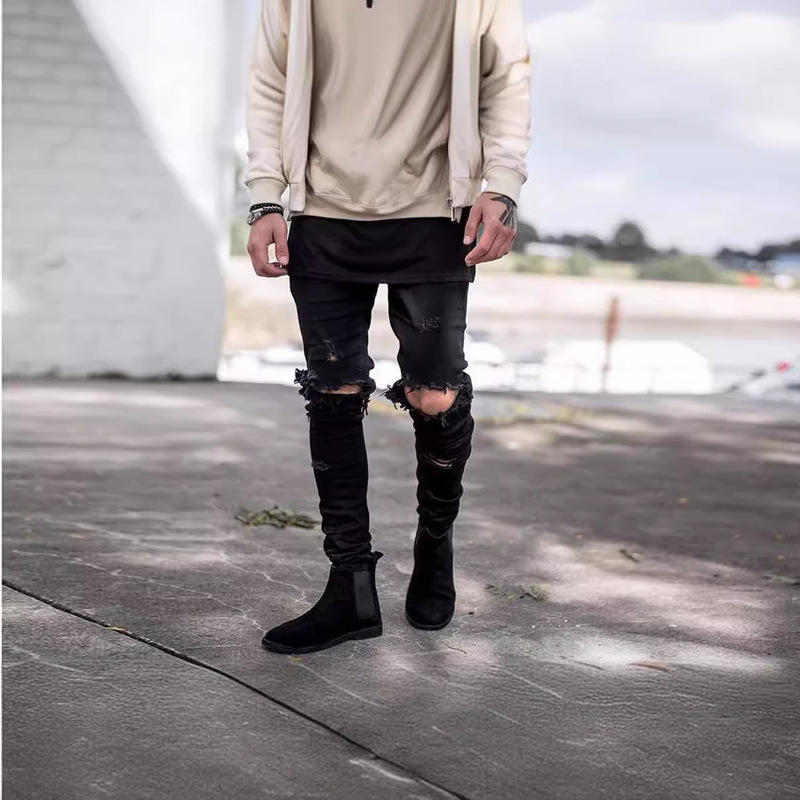 European and American Foreign Trade Popular Knee Destruction Knife Cutting Extroverted Big Hole Personality Slim-fit Thin Non-elastic High Street Jeans