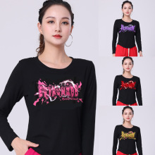 广场舞服装新款长袖背后蝴蝶印花长袖春秋舞蹈服螺纹棉跳舞运动服