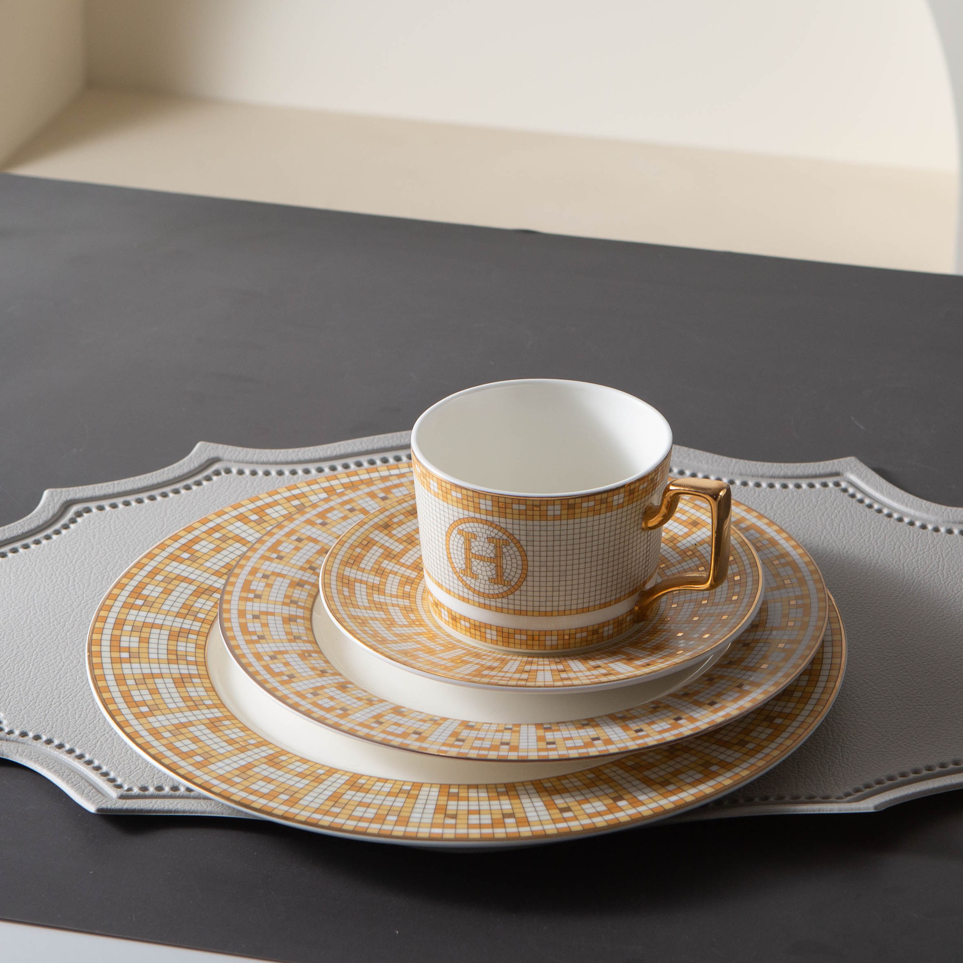 跨境馬賽克系列花茶杯復古輕奢骨瓷杯套裝樣板房擺件金把手咖啡杯