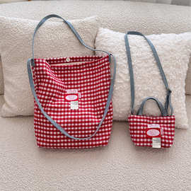 48141 韩版ins毛呢格子托特包女2024新款洋气百搭通勤斜挎手提包