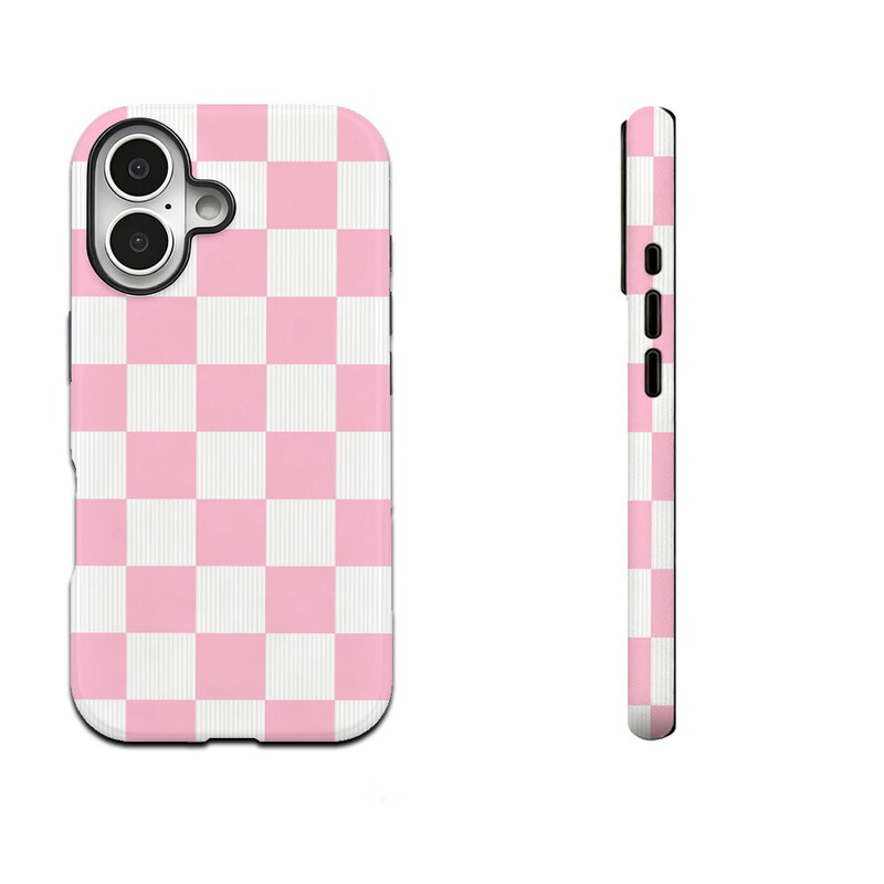 Korean Sweet Style Pink and White Checkerboard Film Two-In-One Anti-Fall Mobile Phone Case Suitable for Apple 15/16/17 Samsung Korean Sweet Style Pink and White Checkerboard Film Two-In-One Anti-Fall Mobile Phone Case Suitable for Apple 15/16/17 Samsung