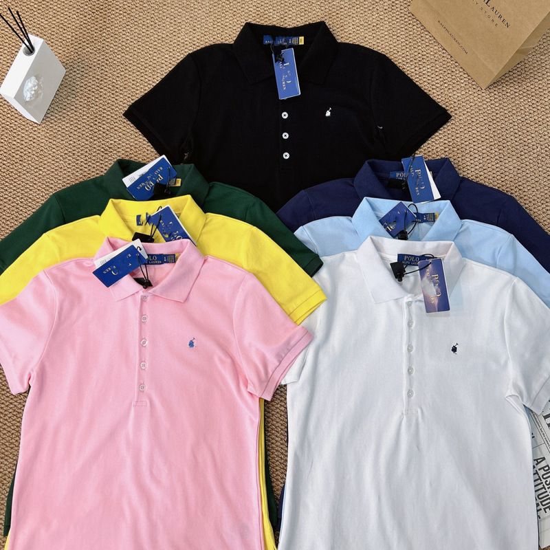 Rl26 Summer Horse Riding Logo Polo Shirt for Women, 5 Button Slim Fit Short Sleeve Pure Cotton Pique Mesh Embroidered Horse Polo Shirt