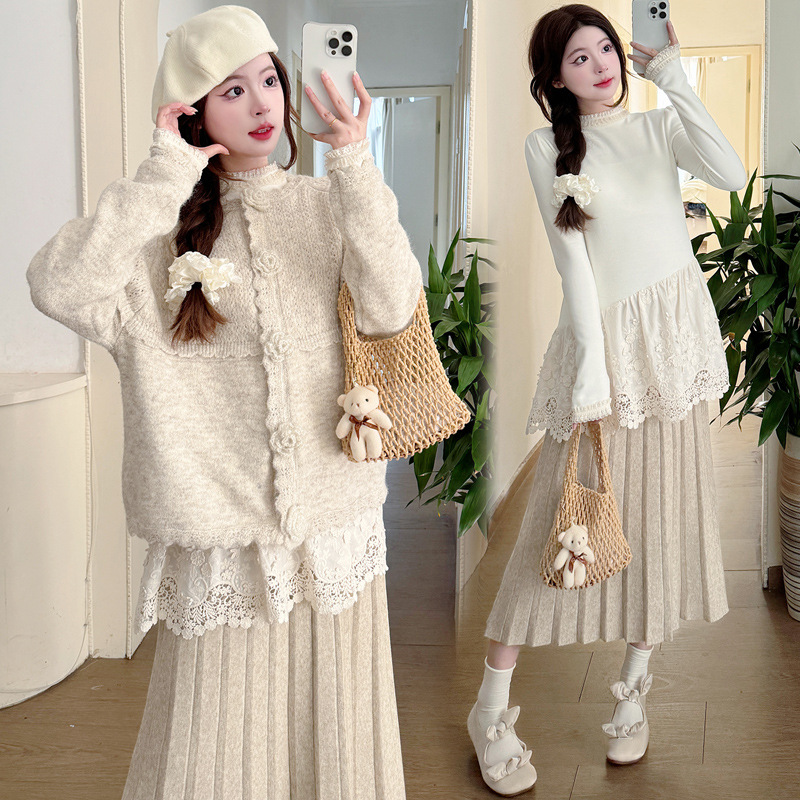 実写スポット妊婦セーター立体花のユニークな長袖レースのボトムシャツは妊婦の半身のスカートを調節できます。