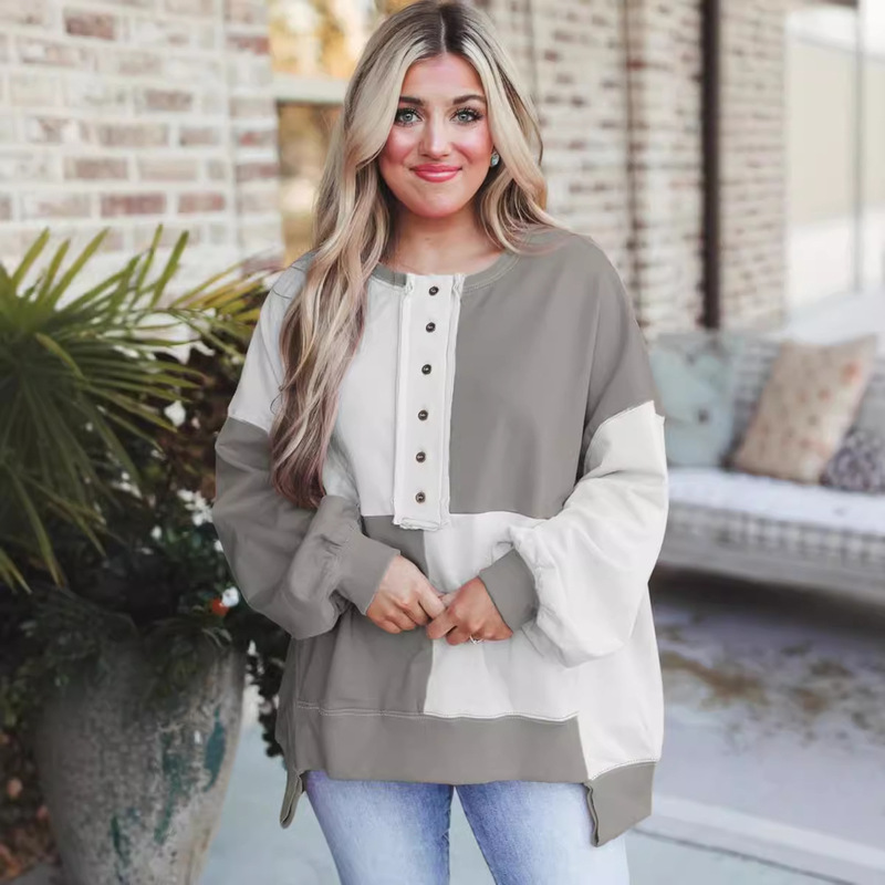 Autumn 2024 New Style Personalized Comfortable Color-matching Single-breasted Snaps Design Loose Long-sleeved Irregular Sweat for Women Autumn 2024 New Style Personalized Comfortable Color-matching Single-breasted Snaps Design Loose Long-sleeved Irregular Sweat for Women