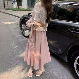 韩版小清新碎花上衣短袖雪纺衫+粉色半身裙A字裙两件套