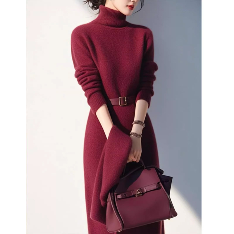 Korean Style Cool Lady Sweater Dress Women's 2025 Autumn and Winter New Fashion High Collar Knitted Skirt
