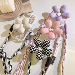 小清新笑臉花朵背夾加長繩斜跨手機鏈通用手機殼防摔戶外掛脖登山