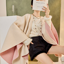 温柔百搭纯色气质双面呢斗篷冬季新款气质狐狸毛领披肩外套 NX006