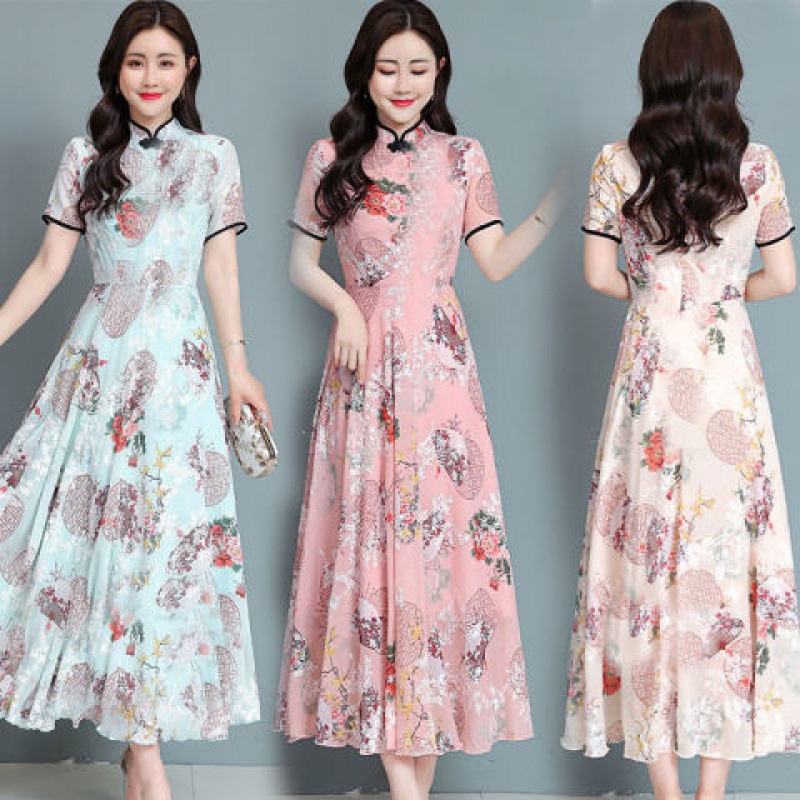 French-Style Modified Cheongsam Short-Sleeve Dress 2025 Plus Size m Concealing Slimming Floral Mid-Length A-Line Umbrella Skirt