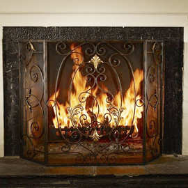 欧式家用铁艺落地壁炉三折屏风隔断做旧壁炉装饰门星