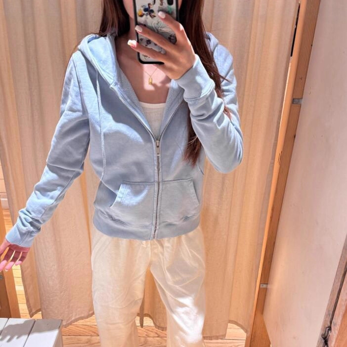 Bm New Style Blue Hooded Sweatshirt Top for Women, Versatile Zipper Cardigan, Casual Slimming Jacket Trendy Bm New Style Blue Hooded Sweatshirt Top for Women, Versatile Zipper Cardigan, Casual Slimming Jacket Trendy