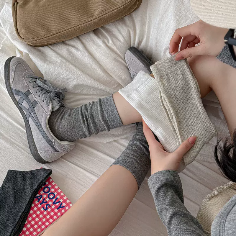 堆堆袜女春夏竖条透气中筒袜无骨百搭纯色堆堆袜韩版纯棉女袜miu