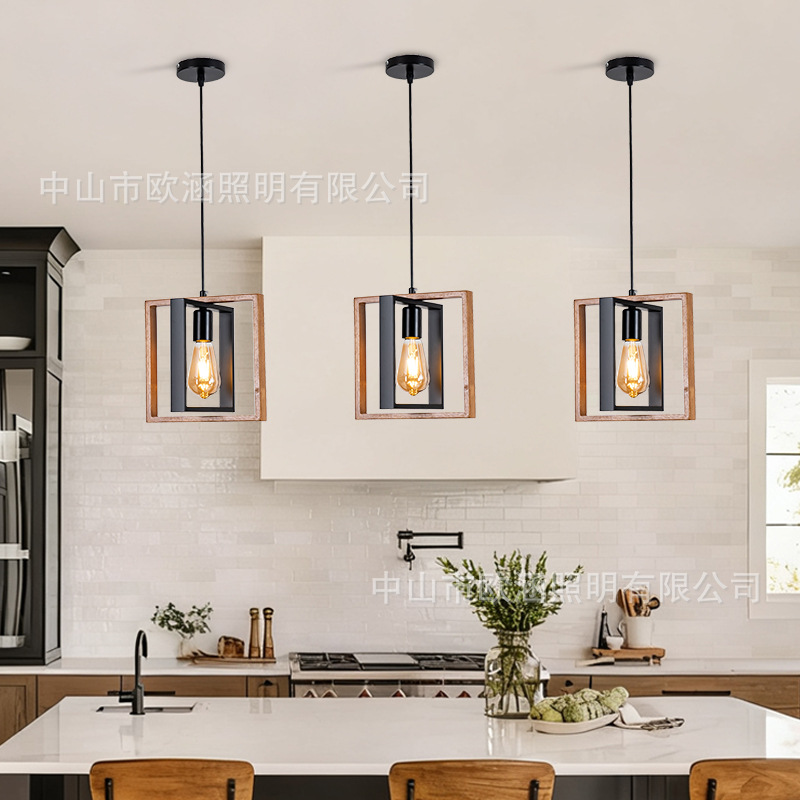 Lámpara de Techo de Madera Maciza para Restaurante, Estilo Americano Simple, Iluminación Industrial Retro de Hierro, Lámpara Decorativa para Cafetería