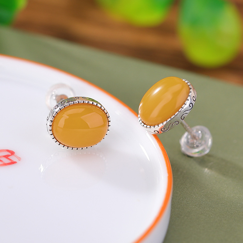 Bông tai hình bầu dục bạc S925 đính sáp ong phong cách dân tộc — Một cặp