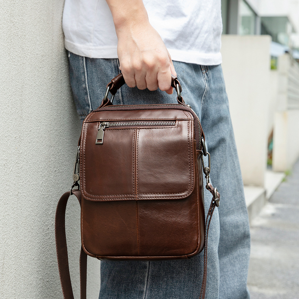 Túi đeo chéo nam da bò thật dạng đứng nắp gập, phong cách casual — Đen, Nâu, 18*7*23cm