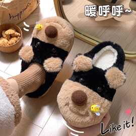 可爱蜜蜂狗居家棉拖鞋女毛毛鞋加绒保暖鞋月子鞋一字拖包头拖