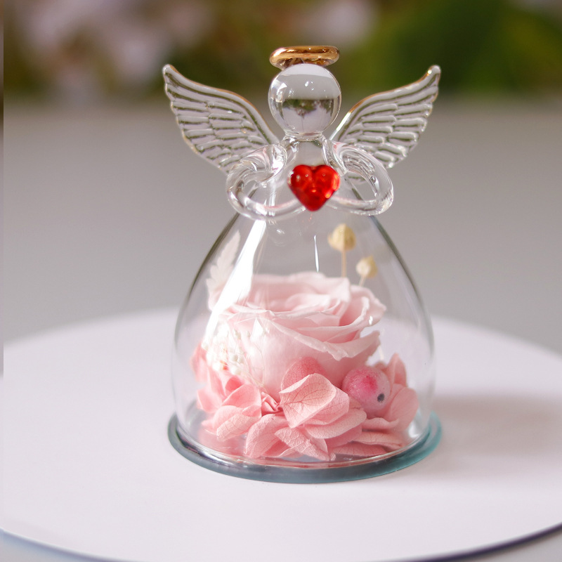 Comercio electrónico transfronterizo cubierta de vidrio flor eterna angelito rosa eterna Navidad regalo del día de San Valentín cubierta de vidrio decoración